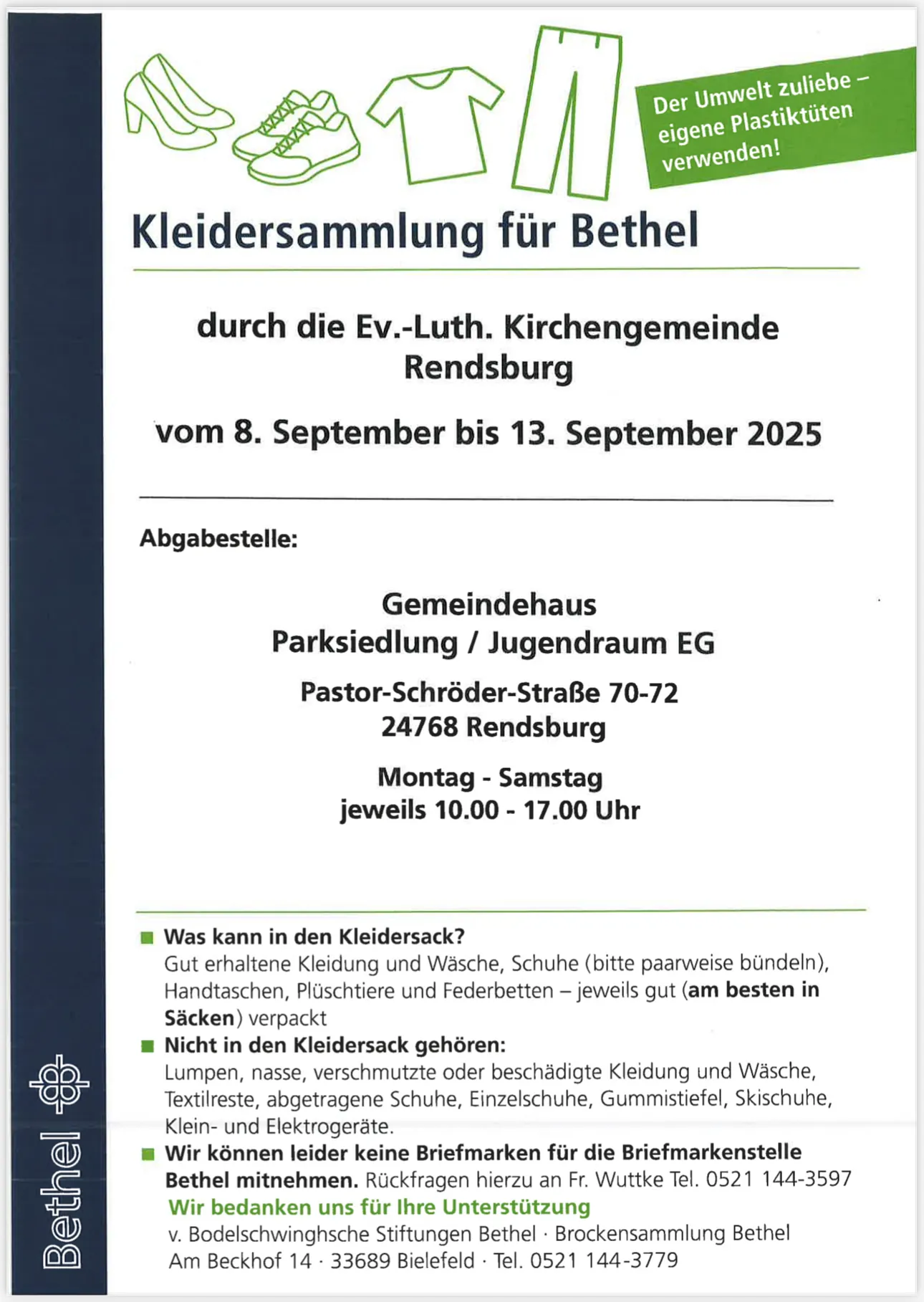 Bethel Sammlung 2025. Abgabe im Gemeindehaus Parksiedlung.