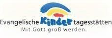 Evangelisches Kita-Logo: farbiger Wirbel, "Kinder tagesstätten" und "Mit Gott groß werden."